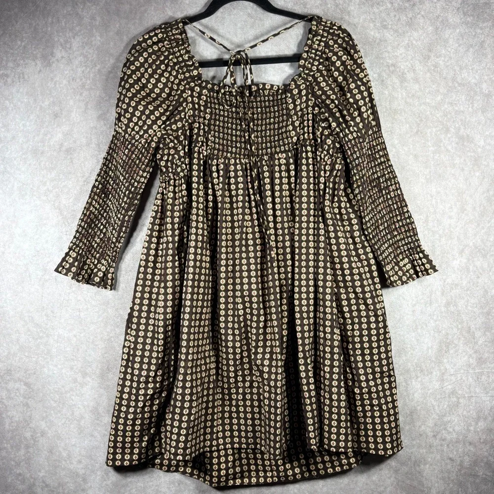 Free People Star Dip Mini Dress Womens Size Small Brown Smocked Boho Long Sleeve